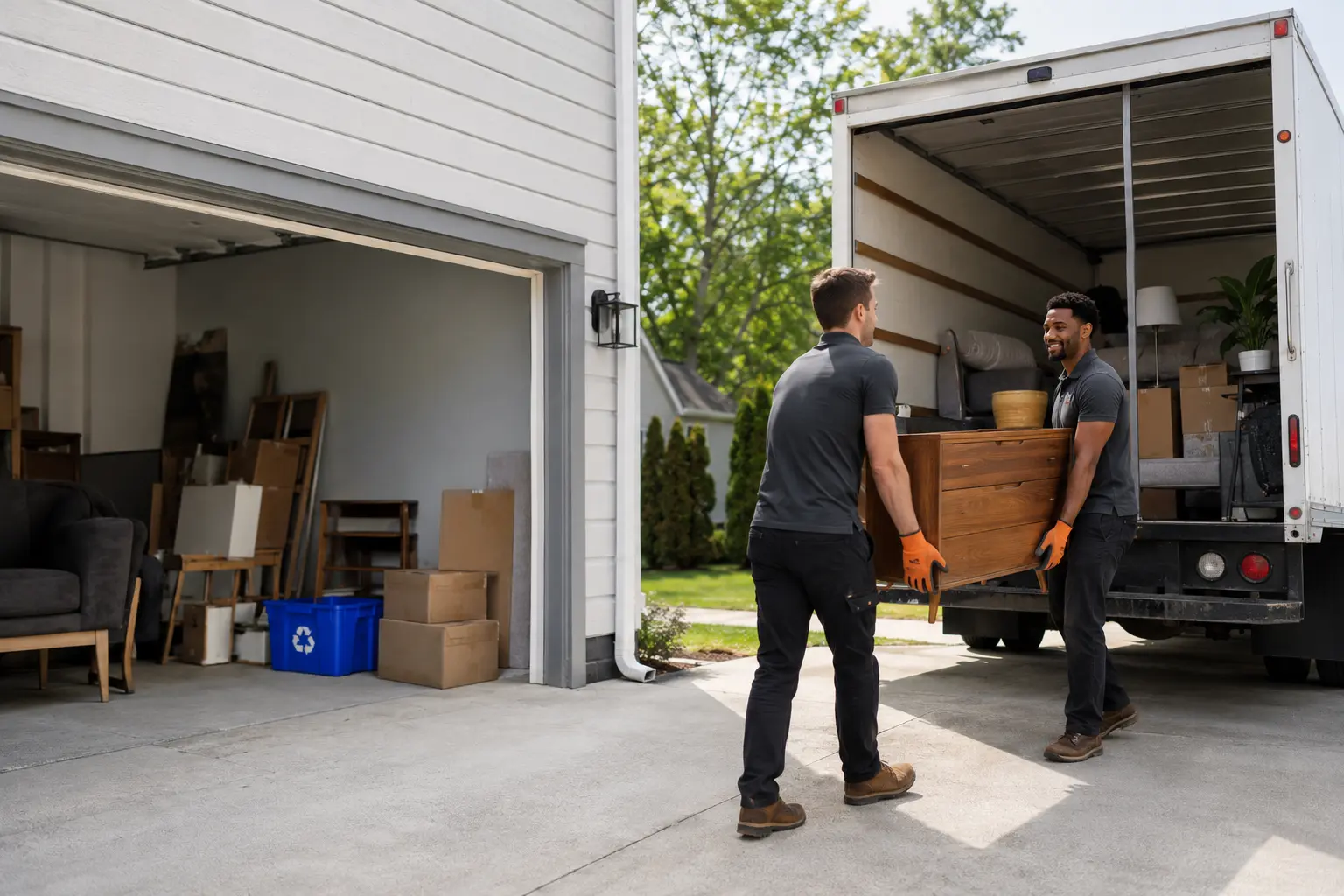 Junk removal crew loading a cleanout truck