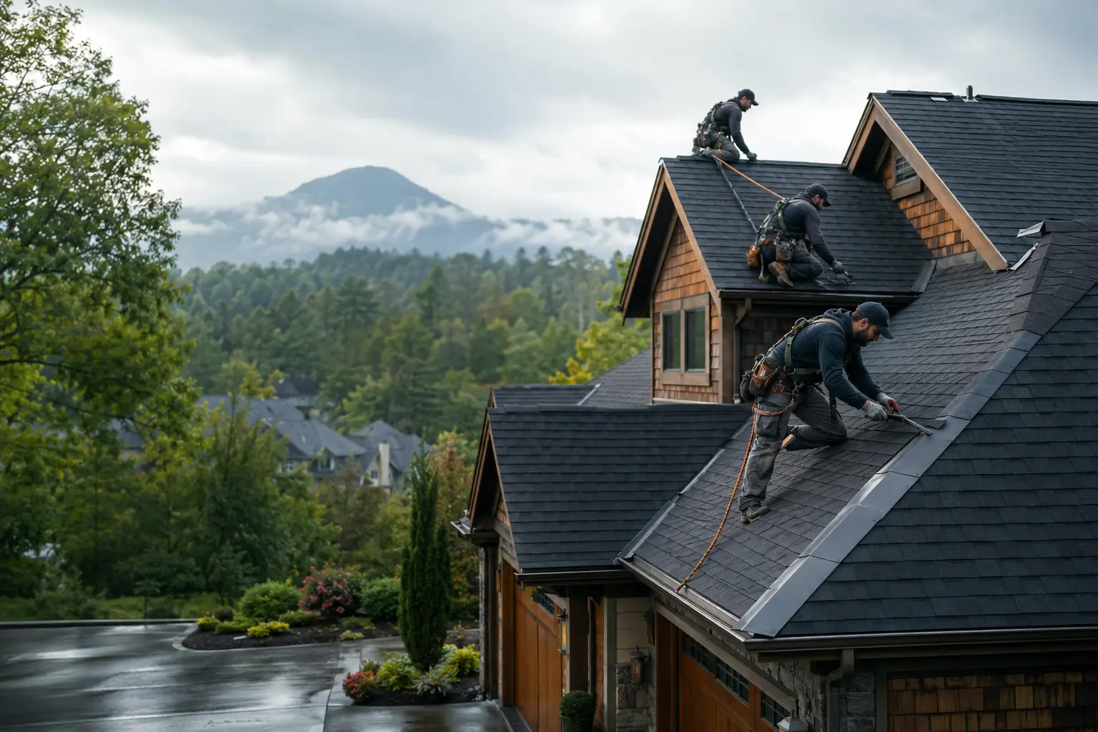 Roofing crew working safely on an East Tennessee home